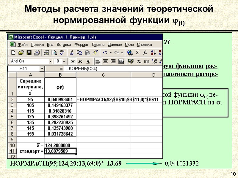 10 Методы расчета значений теоретической нормированной функции (t) 2. С помощью стандартной функции Excel